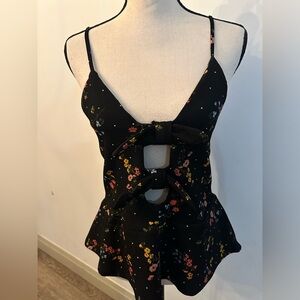 Stella Tweed black bow cutout crop top blouse adjustable straps floral print SZM